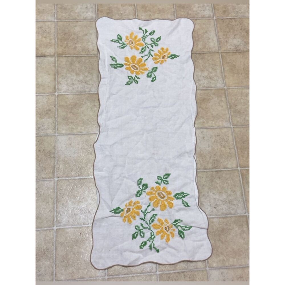 Hand-Embroidered Linen Table Runner with Yellow Floral Motif